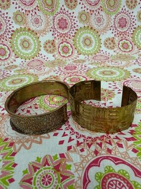 Set of two Vintage Brass & Copper Etched Cuff Bracelets